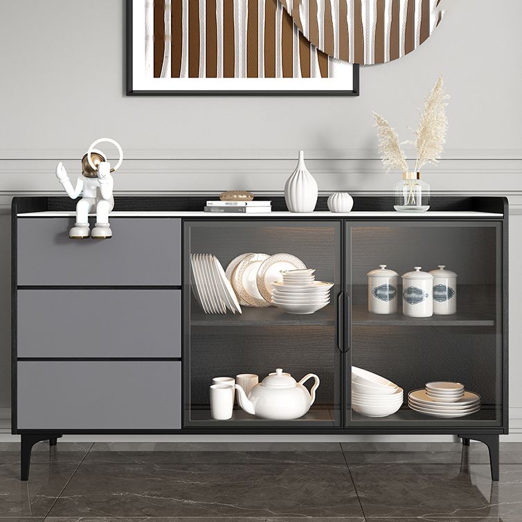 Stone Top Dining Room Sideboard Cabinet Modern Credenza with Drawer and Glass Door