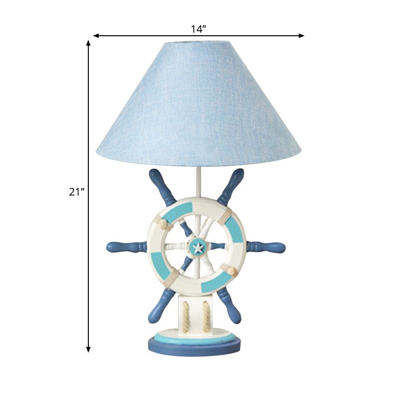 Lifebuoy/Rudder Wooden Table Light Kids 5-Light Blue Nightstand Lamp with Conical Fabric Shade