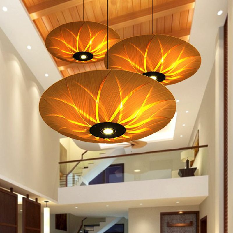 Wood Veneer Lotus Leaf Shaped Ceiling Light South-East Asia 1 Head Hanging Pendant Light