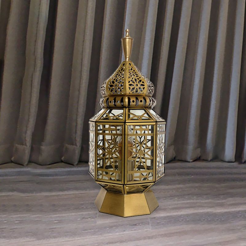 12.5"/14" Wide 1 Head Table Lamp Antiqued Lantern Metallic Nightstand Light in Brass for Bedroom