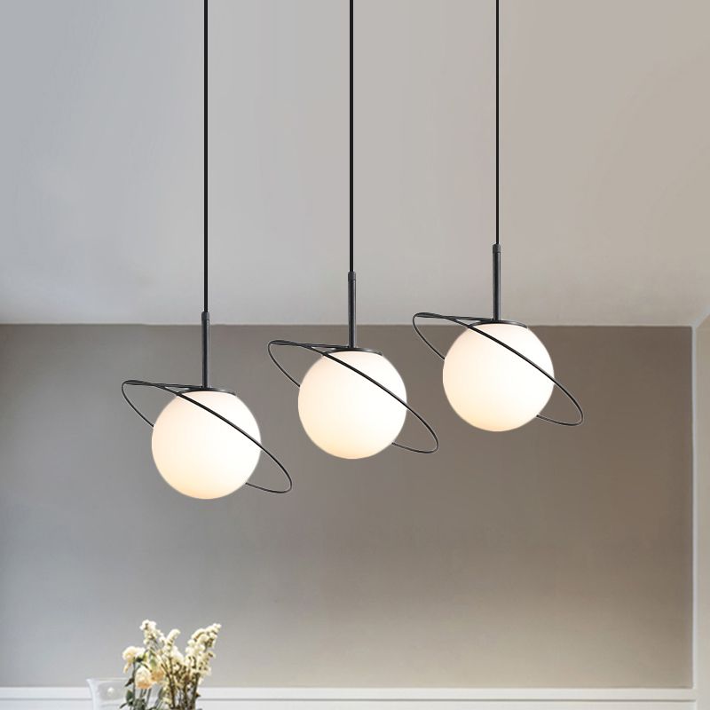 Opal Matte Glass Planet Multi-Light Pendant Postmodern 3 Bulbs Black Hanging Lamp Kit over Dining Table