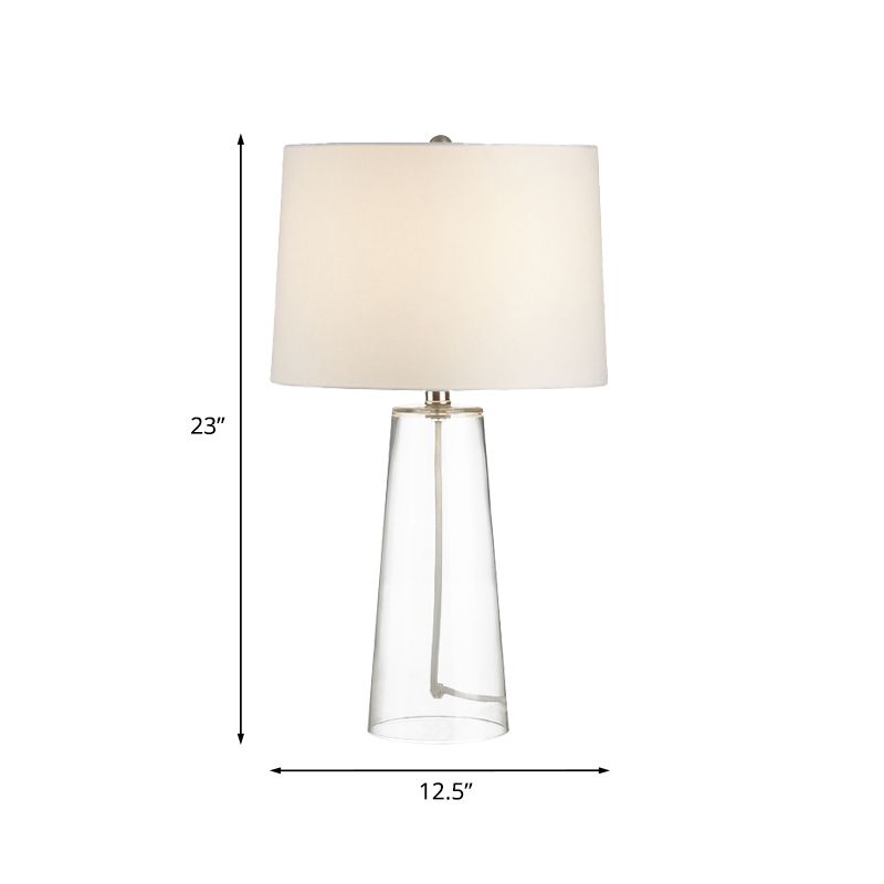 Traditional Cone Table Light 1 Head Clear Glass Nightstand Lamp with Barrel White Fabric Shade