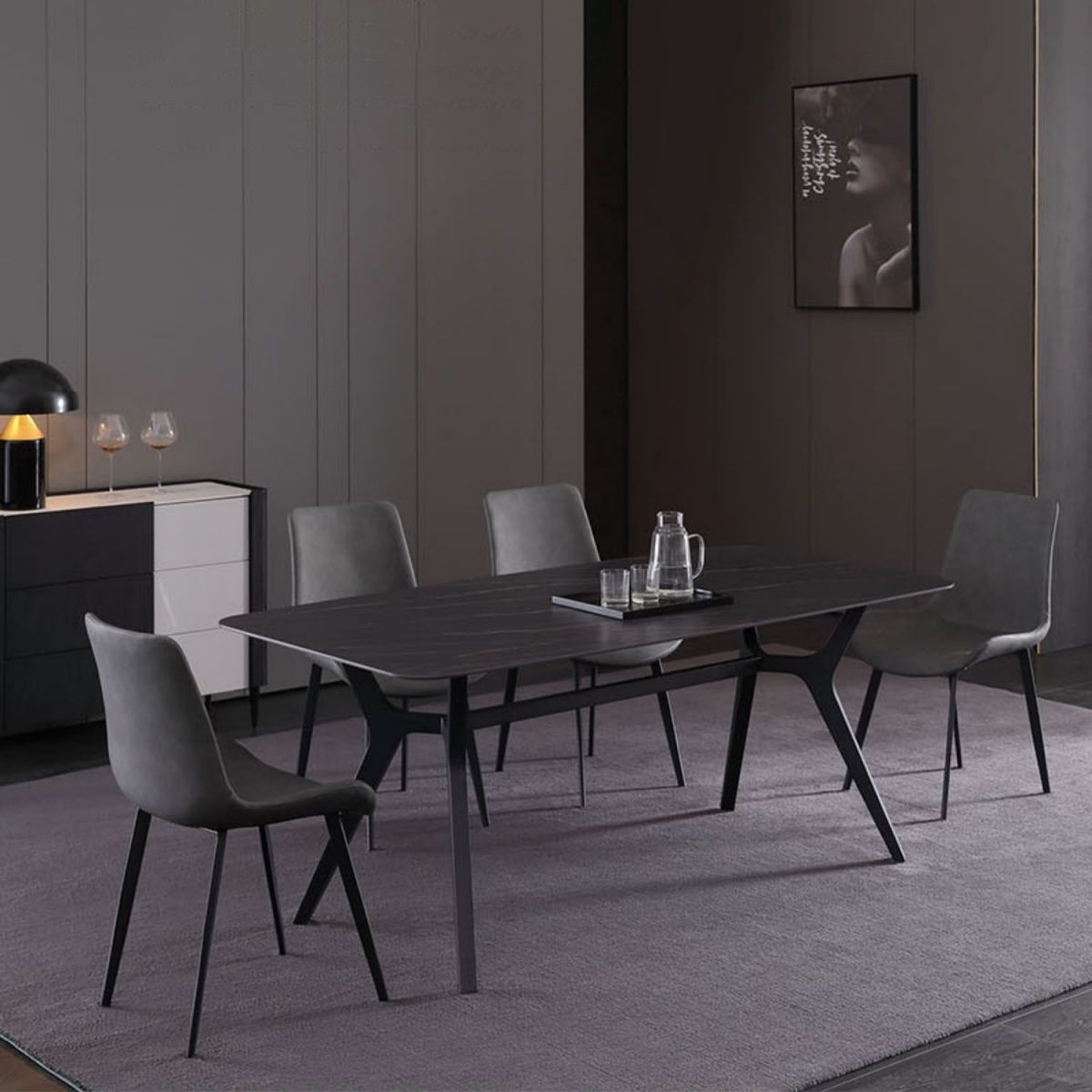 Contemporary Rectangle Dining Table Sintered Stone Dining Table with Black Trestle Base