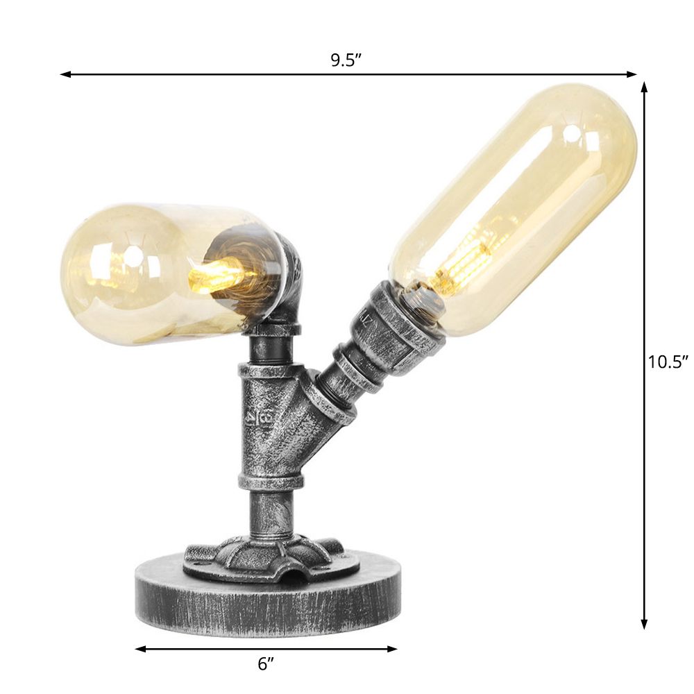 Capsule Clear/Amber Glass Night Light Farmhouse 2/3 Heads Tearoom LED Table Lamp with Pipe Base