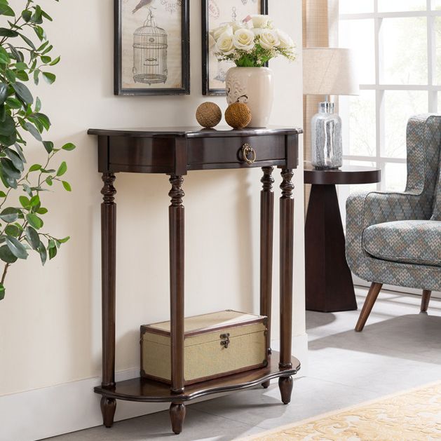 Solid Wood Console Table with Shelf Dark Brown Accent Table with Drawer