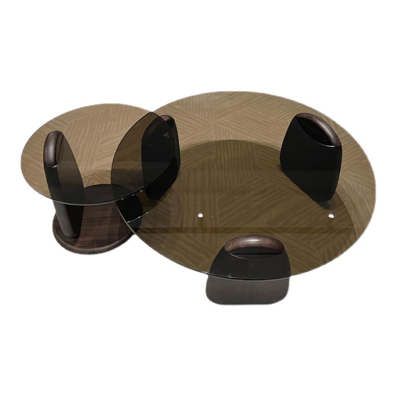 2-Piece Round Coffee Table Modern Glass Espresso Wood Nesting Coffee Table Set