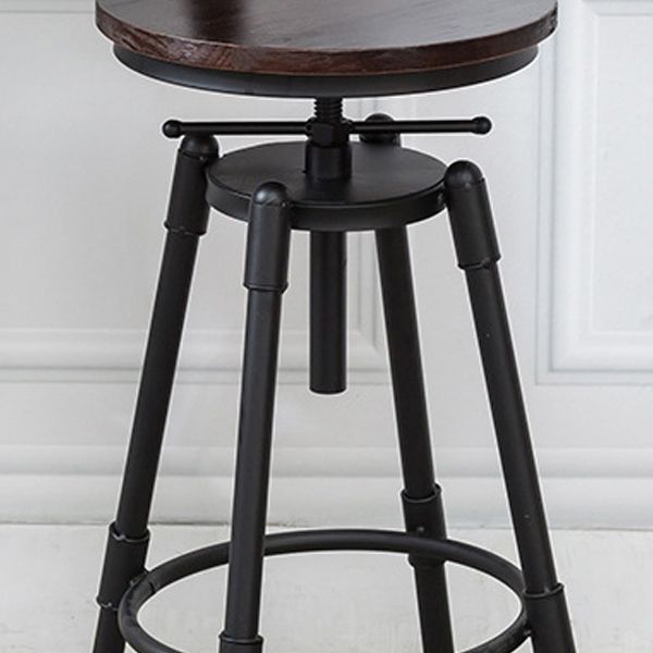 Industrial Metal Stool Wood Round Seat Adjustable Counter Stool in Matte Finish