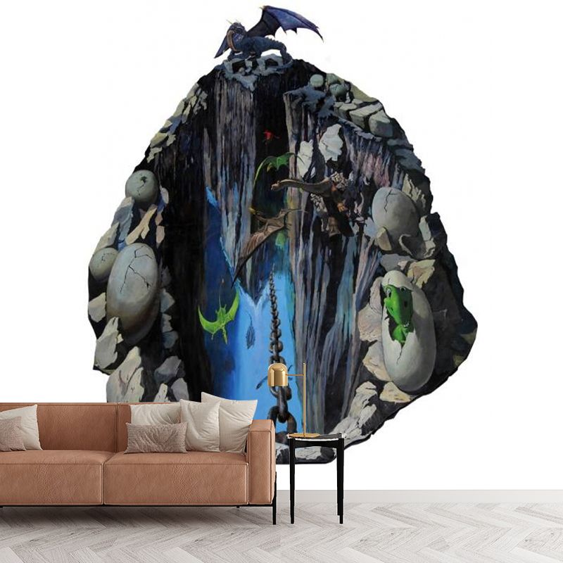 Fantasy Dinosaur Cliff Wall Murals Novelty Non-Woven Fabric Wall Decor in Grey-Blue