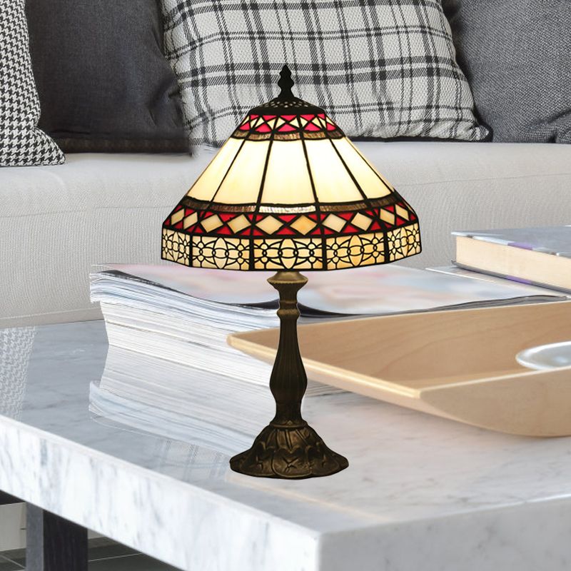 1 Light Task Lighting Mission Conical Stained Art Glass Diamond Patterned Night Table Lamp in Bronze