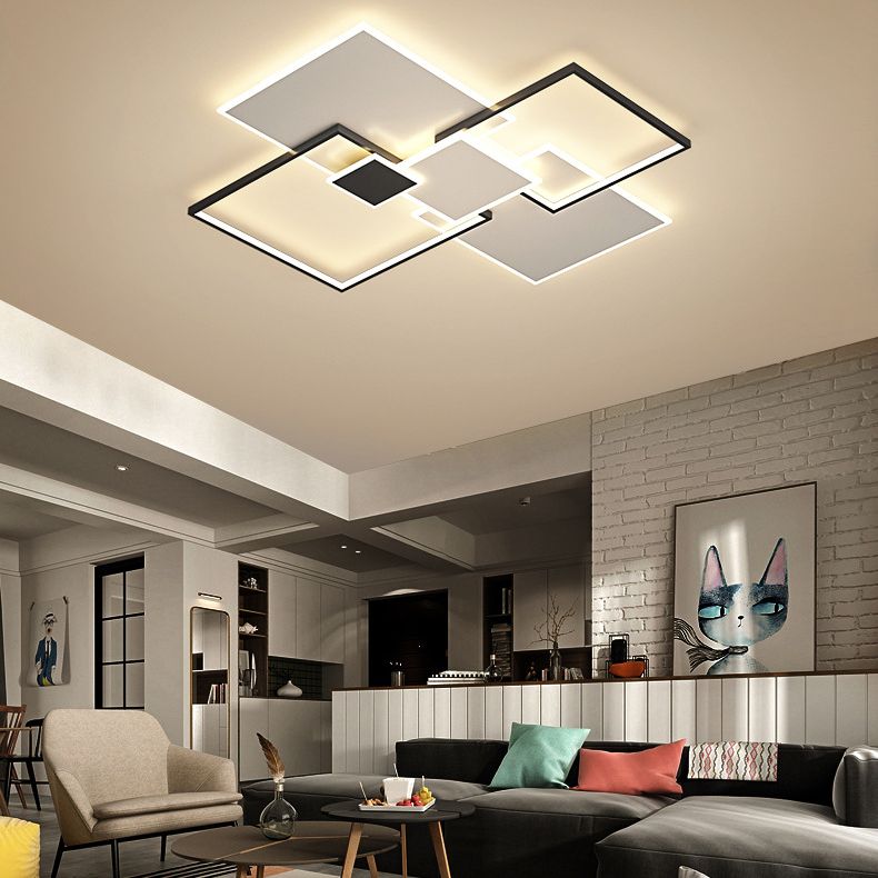 Squares Ceiling Light Fixture Simple Metal LED Bedroom Flush Mount Ceiling Fixture in Black