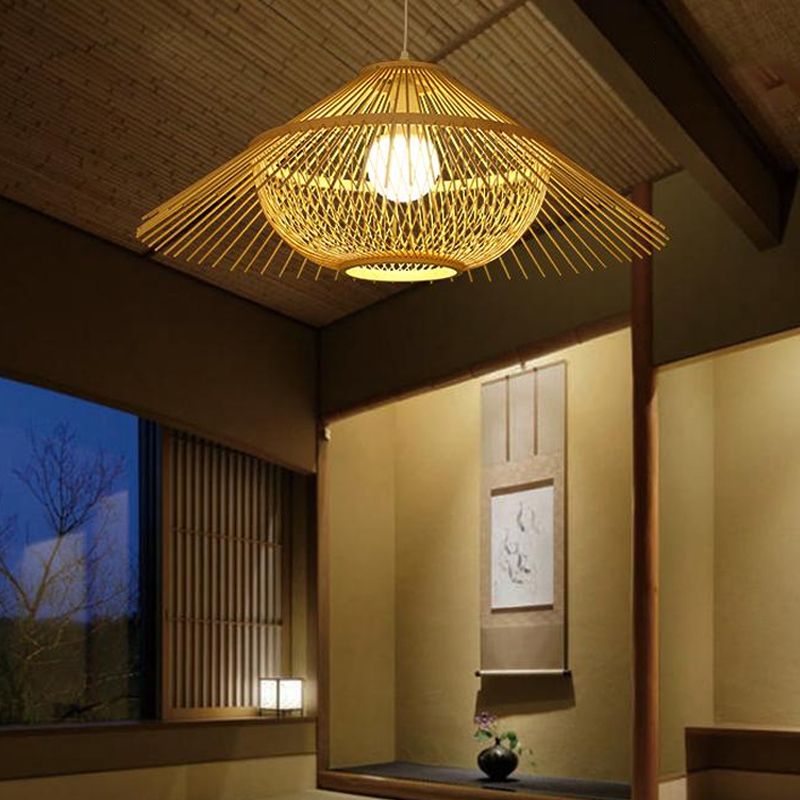 1 Head Tearoom Ceiling Lamp Asia Yellow Pendant Lighting Fixture with Conical Bamboo Shade