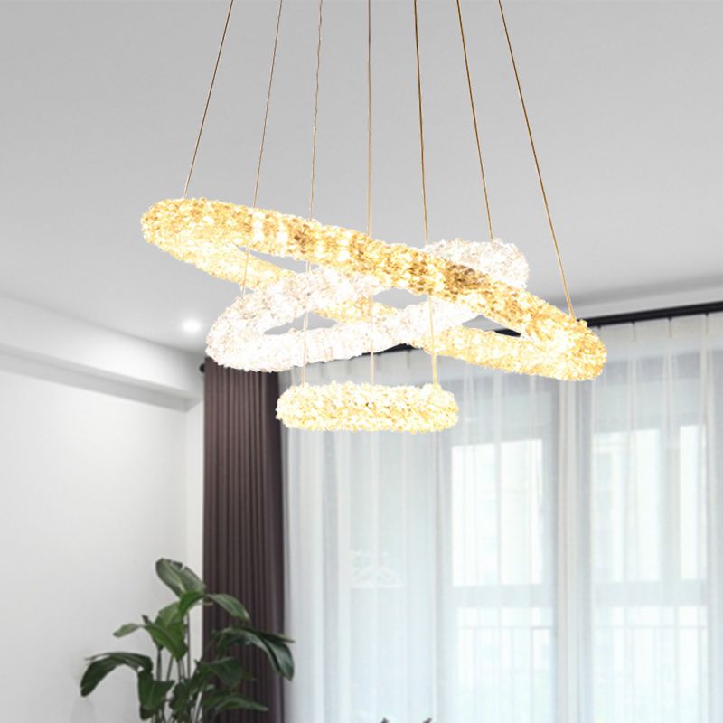 Crystal Beaded Ring Pendant Light Fixture Simple Style Chrome LED Chandelier Lamp, Warm/White/Natural Light