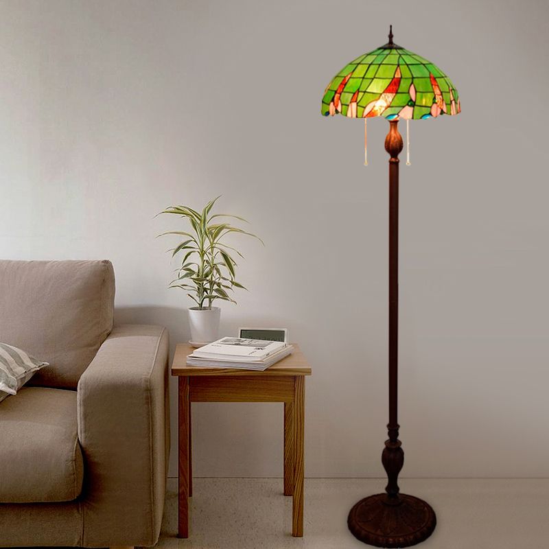 3-Bulb Living Room Floor Light Baroque Green Pull Chain Standing Lamp with Dome Stained Glass Shade