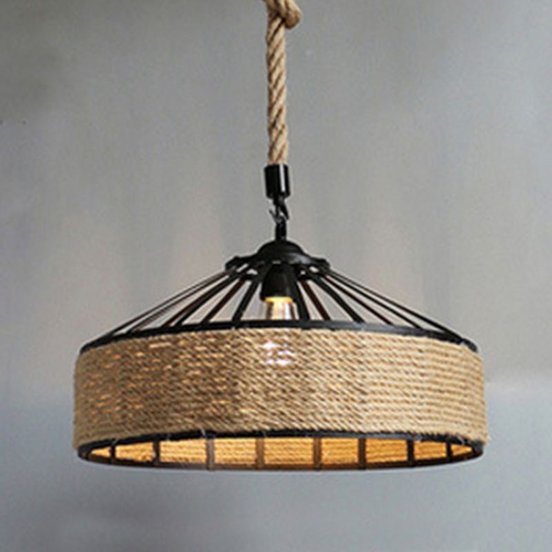 1-Light Cylinder Shade Pendant Lamp, Contemporary Industrial Natural Rope Hanging Light