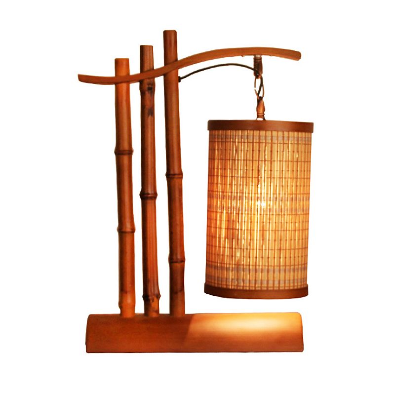 Bamboo Barrel Desk Lamp Chinese 1 Head Red Brown Task Light with Half-Cylinder Base