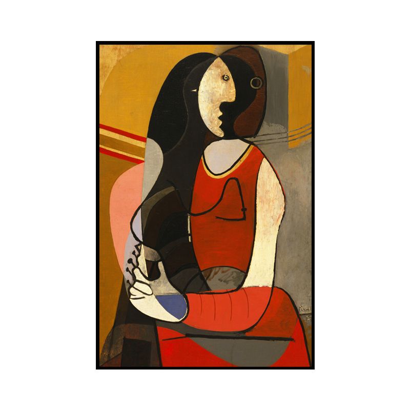 Picasso Style Seated Woman Painting Traditional Canvas Wall Art in Red and Black