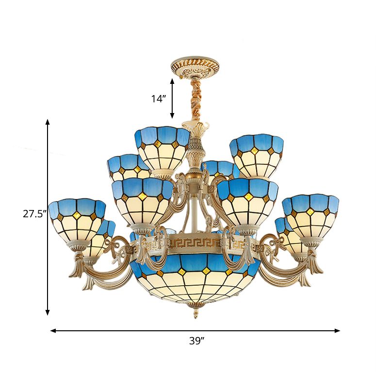 Tiered Ceiling Chandelier Tiffany Stained Glass 15 Lights Blue Hanging Light for Living Room with Curved Arm