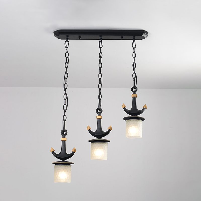 Modern Column Multi-Pendant Frosted Dimpled Glass 3 Heads Parlor Hanging Light in Black with Linear/Round Canopy