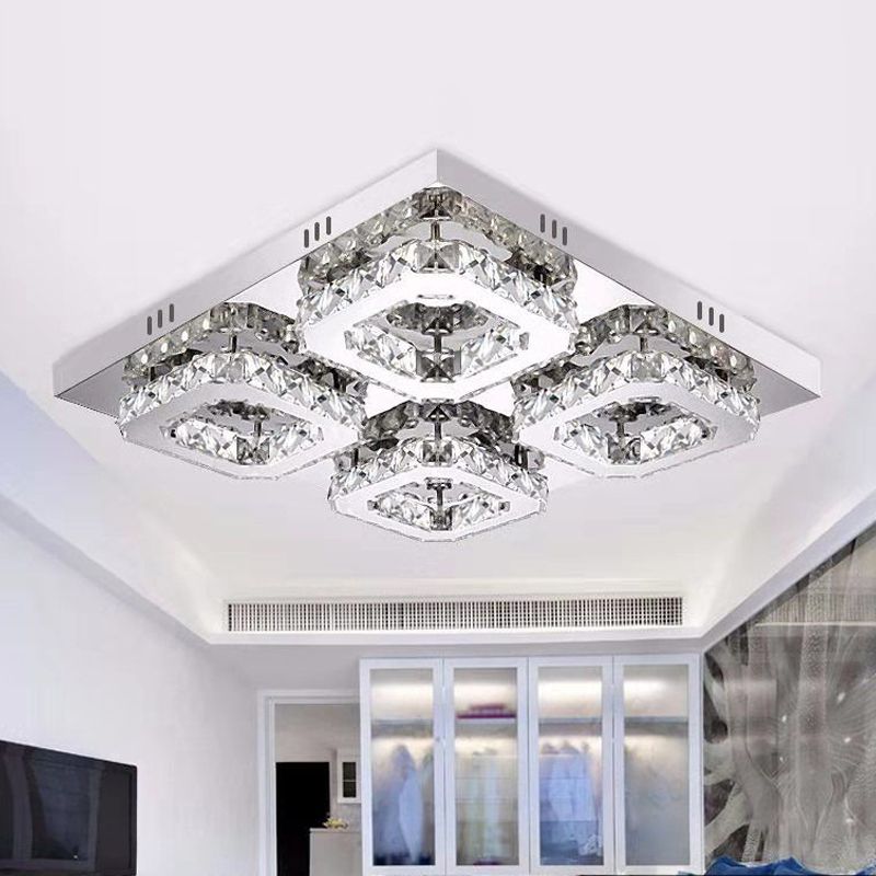 Block Flush Ceiling Light Modern Style Faceted Crystal Chrome Flushmount Lighting