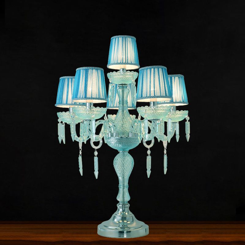 Crystal Blue Nightstand Lamp Candlestick 5/6/7 Bulbs Traditional Sleeping Room Table Light with Barrel Fabric Shade