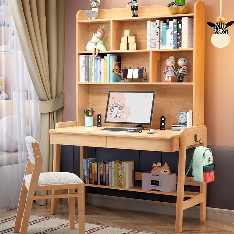 Solid Wood Home Study Desk with Storage Drawer with Bookshelf Adjustable