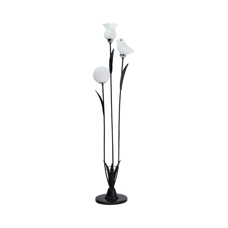 3-Bulb Living Room Tree Floor Light Contemporary Black/White Stand Up Lamp with Orb-Flower-Bird Shape Cream Glass Shade