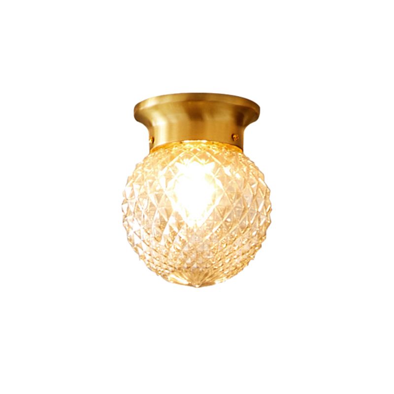 Brass Ball Flush Mount Light Country Clear Lattice Glass Single Corridor Semi Flush Ceiling Light