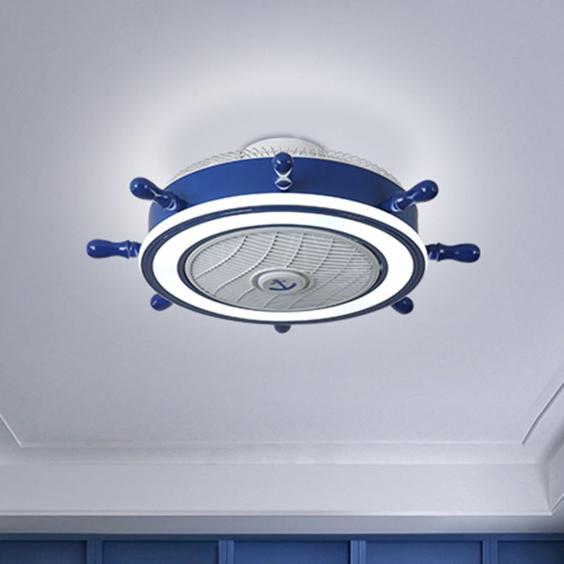 Navy Blue Rudder Fan Light Fixture Childrens Metal Remote Control LED Semi Flush Ceiling Light with 7 Blades, 23.5" W