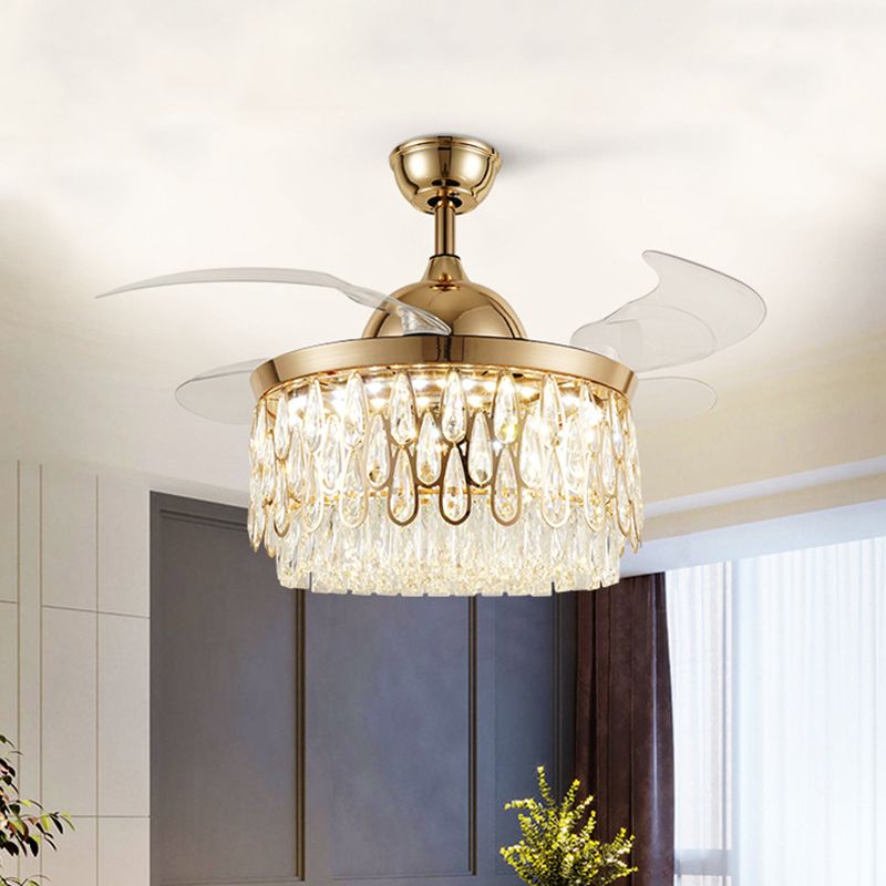 Tiered Crystal Ceiling Fan Light Modern 19" W LED Gold Semi Flush Mount with 4 Blades for Living Room