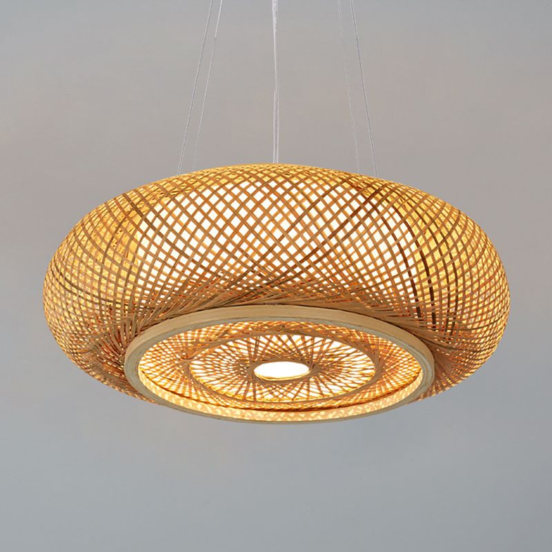 Bamboo Weaving Round Hanging Lamp Chinese Wooden Suspension Lighting Fixture for Bedroom