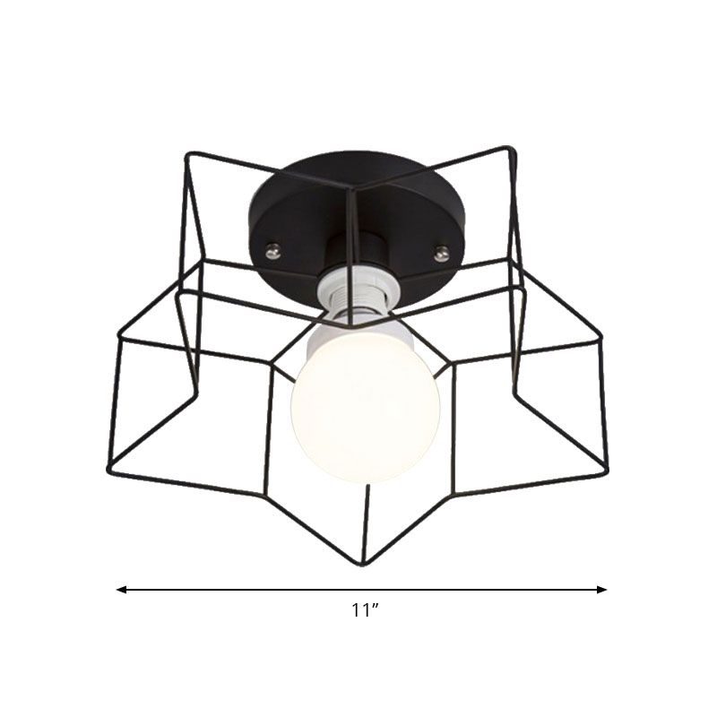 1 plafond étoile de bulbe Lumière montée avec une nuance à cage noire industrielle / blanc métal semi-flush lumière pour chambre à coucher