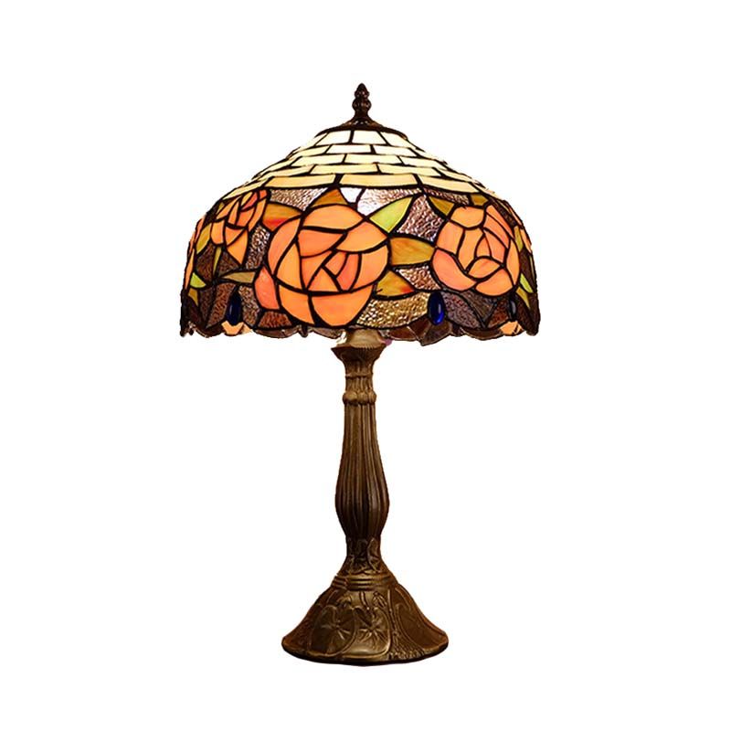 Red/Orange Bowl Table Lighting Tiffany 1 Light Stained Art Glass Rose Patterned Night Lamp for Bedroom