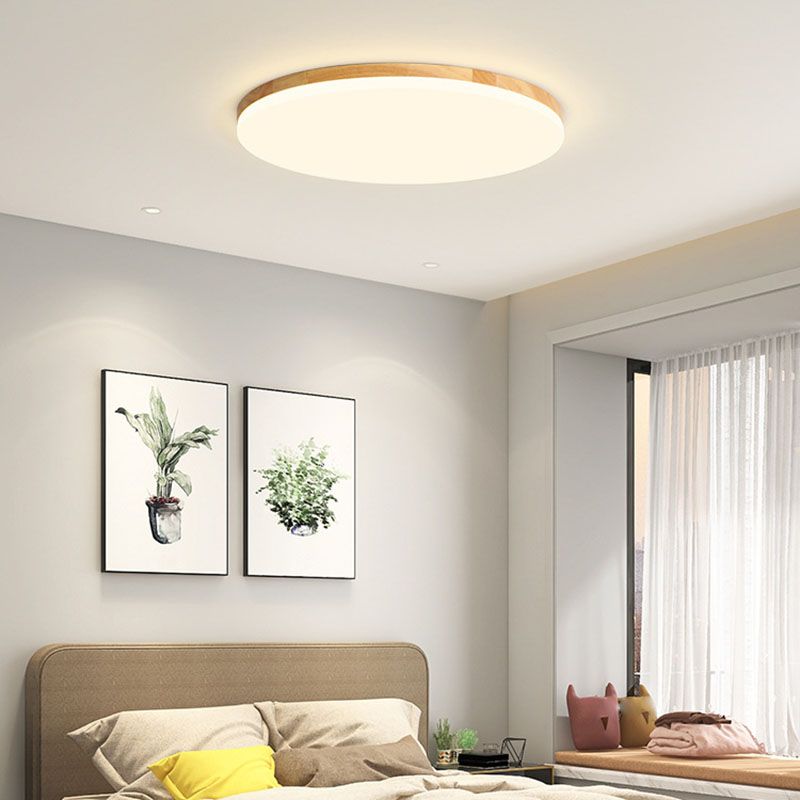 Wooden Circular LED Ceiling Light Acrylic 1-Light Flush Mount for Bedroom