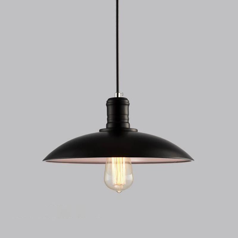 Metallic Shallow Bowl Shade Pendant Lamp Vintage Single-Bulb Living Room Ceiling Hang Light in Black/White