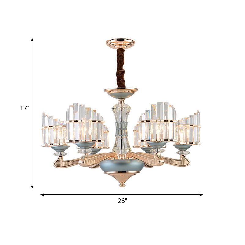 Crystal Block Arced Panel Chandelier Contemporary 6 Bulbs Gold Pendulum Light with Blue Ceramics Detail