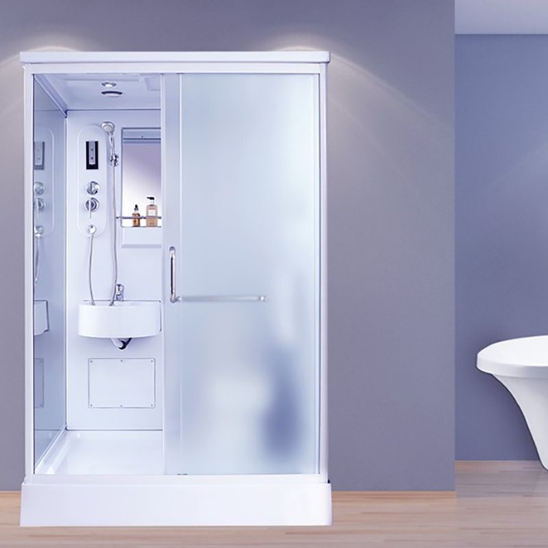 White Framed Frosted Rectangle Shower Stall with Base and Fixed Panel