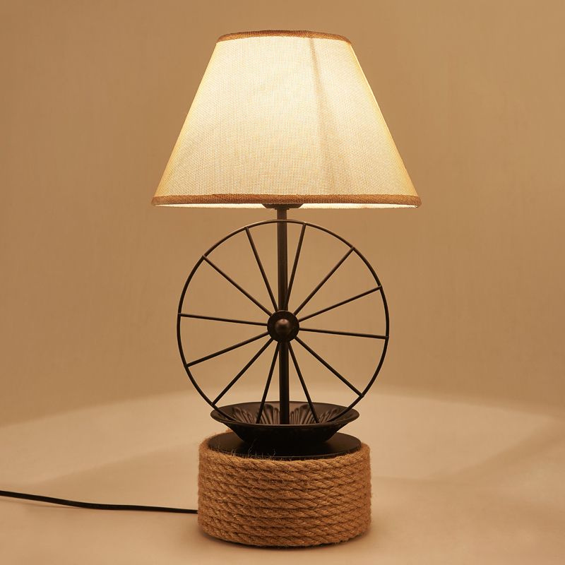 Fabric Conic Desk Lighting Factory Style 1 Light Dining Room Rope Table Lamp in Black with Wheel Deco