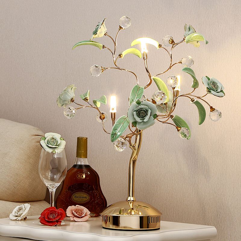 3-Bulb Flower Tree Night Lamp Korean Garden White/Red/Green Ceramic Table Light with Gold Stem