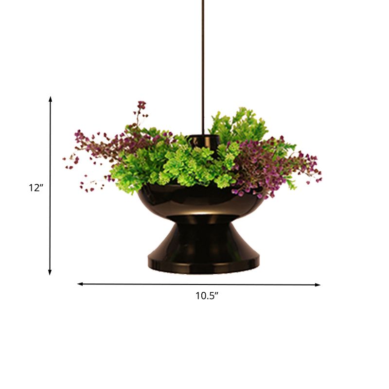 Lámpara colgante de metal de 1 cabeza de 1 cabezal con forma de restaurante con decoración de plantas de forma de maceta negro con decoración de plantas