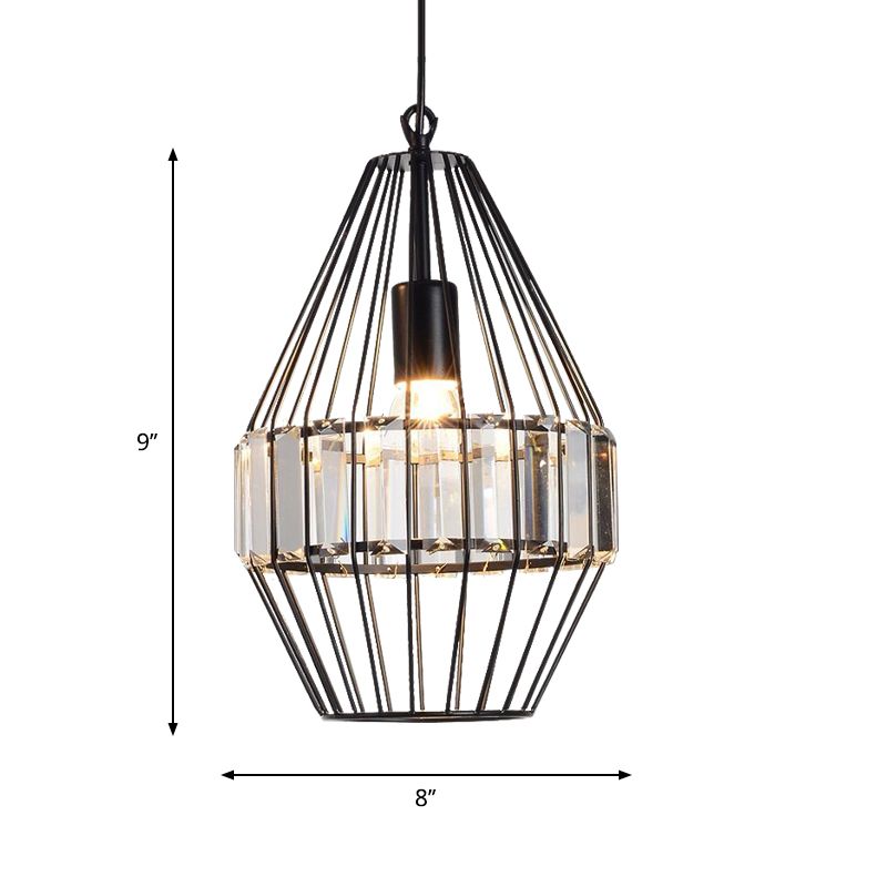 Crystal Block Pendant Ceiling Light Black Geometric Metal Cage Pendant Light