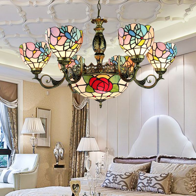 9 Lights Rose Chandelier Lighting Tiffany Style Red and Blue Stained Glass Pendant Lamp for Bedroom