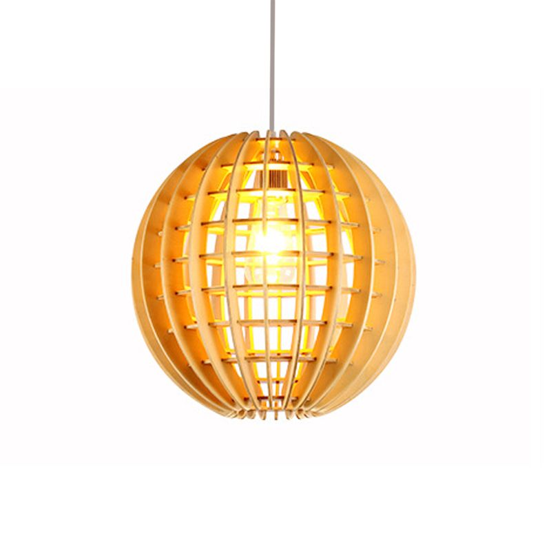 Wooden Globe Pendant Light Asian Style 1-Light Suspension Lamp in Natural Wood for Dining Room