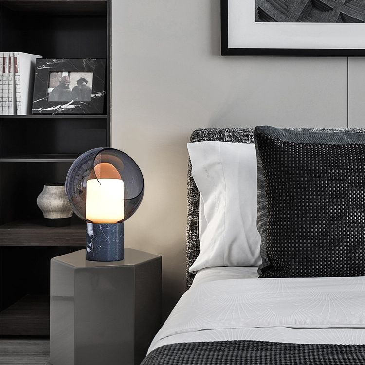 Smoke Grey Globe Glass Table Lamp Nordic Simplicity Double-layer Shade Nightstand Light with Cylindrical Marble Base