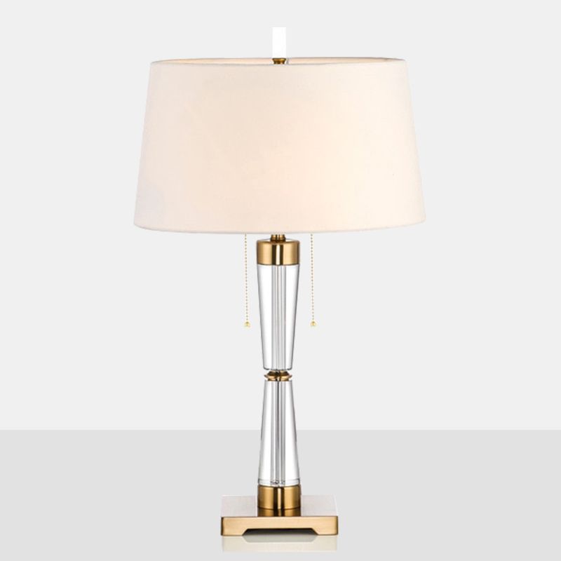 Modern Tapered Drum Table Lamp Fabric Single Bedside Nightstand Lighting with Hourglass Crystal Base in White