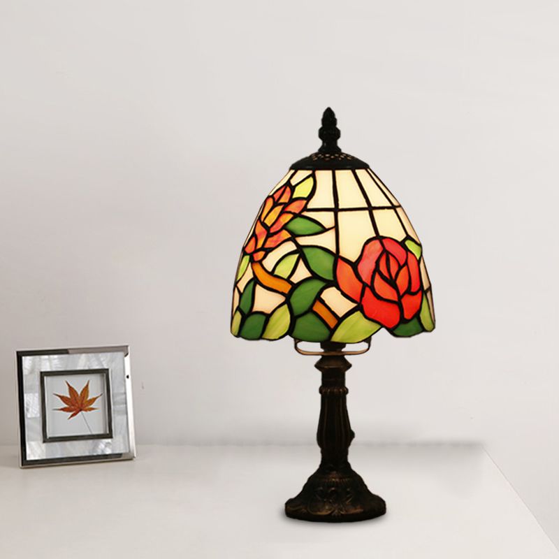 Dome Shape Nightstand Lighting 1-Light Stained Glass Baroque Style Blossom Patterned Table Lamp in Red/Pink/Orange