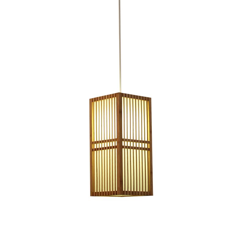 Rectangle Wood Hanging Light Asia 1 Bulb Beige Suspended Lighting Fixture with Adjustable Cord