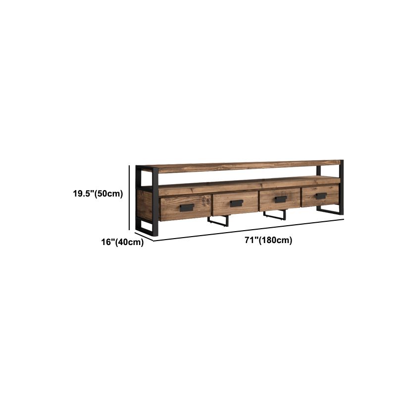 Brown Media Console with Shelves Industrial Pine Wood Top TV Media Stand