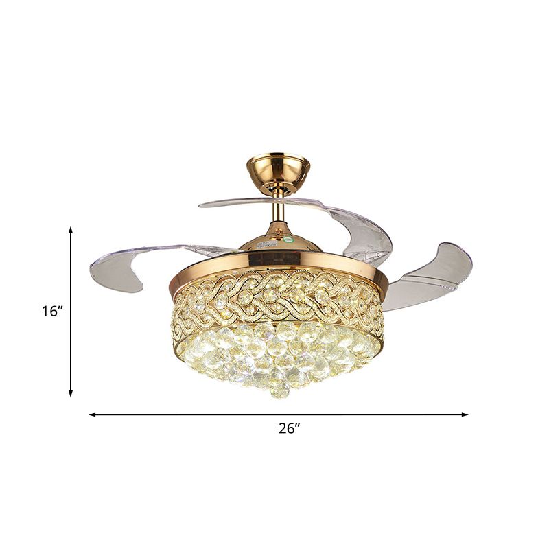 Chevron-Side Drum Crystal Fan Lighting Simple 26" Wide 3-Blade Living Room LED Semi Flush Mount in Gold