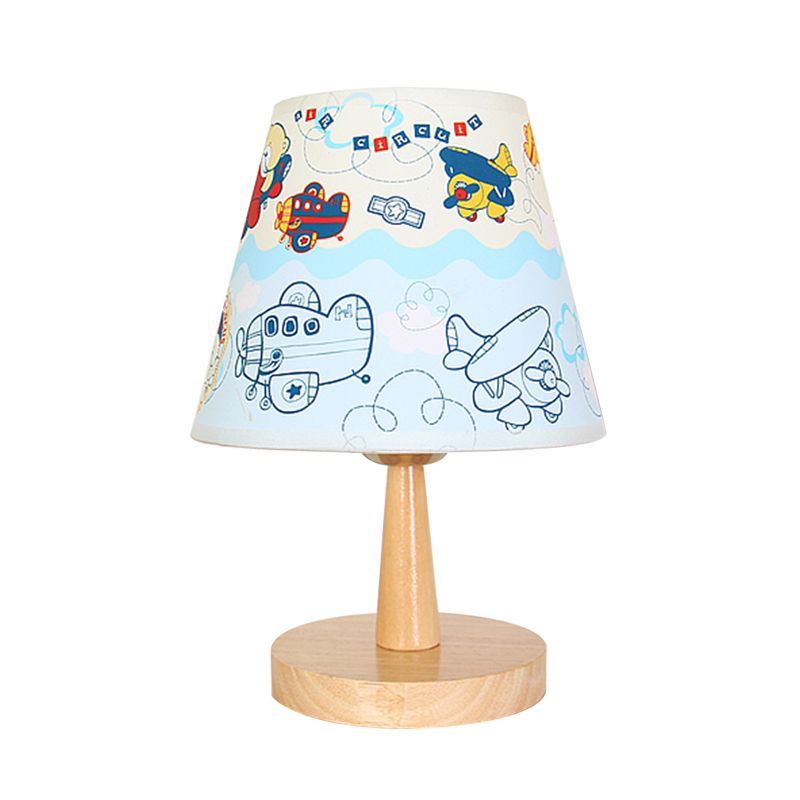 Fabric Conical Table Lamp Cartoon 1 Head Wood Nightstand Light with Airplane/Elephant/Bear Pattern for Bedroom