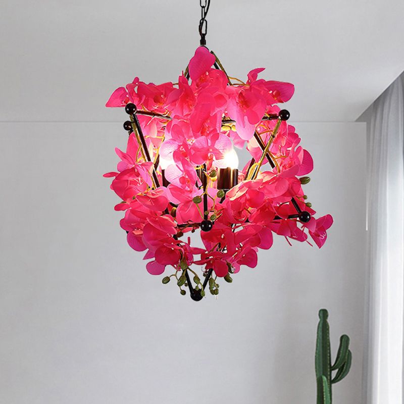 Metal Star Frame Chandelier Lamp Retro Style 4 Lights Restaurant Suspension Pendant with Yellow/Rose Red Floral